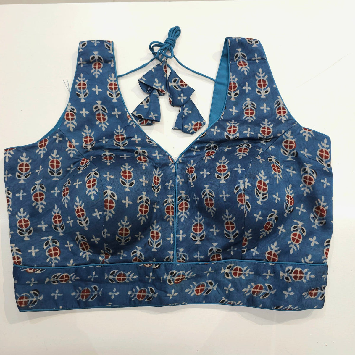 Ajarakh Print Indigo Blue Color Modal Silk Blouse with Attached Sleeves and Curvy V Neckline