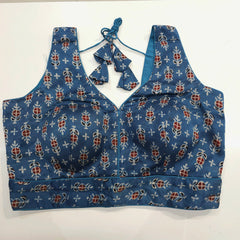 Ajarakh Print Indigo Blue Color Modal Silk Blouse with Attached Sleeves and Curvy V Neckline