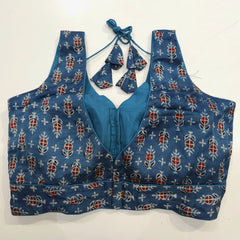 Ajarakh Print Indigo Blue Color Modal Silk Blouse with Attached Sleeves and Curvy V Neckline