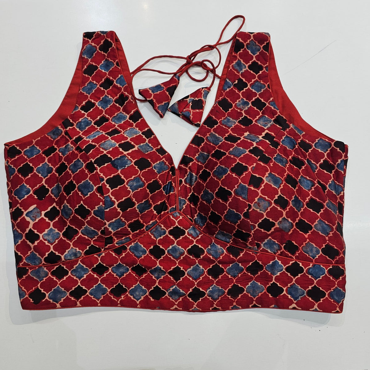 Ajarakh Print on Dark Red Modal Silk Blouse with Attached Sleeves and V Shape Neckline