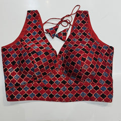 Ajarakh Print on Dark Red Modal Silk Blouse with Attached Sleeves and V Shape Neckline
