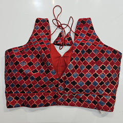 Ajarakh Print on Dark Red Modal Silk Blouse with Attached Sleeves and V Shape Neckline