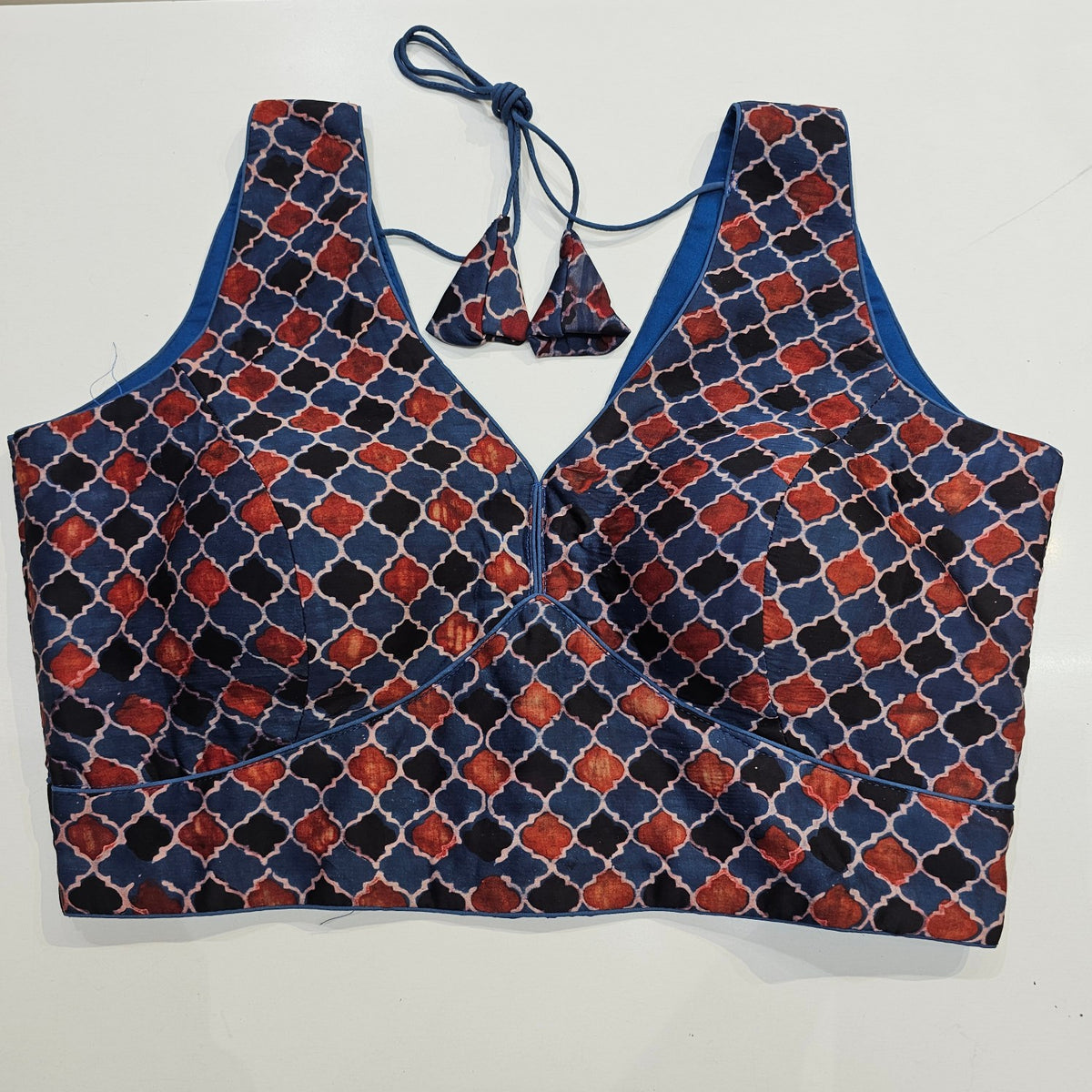 Ajarakh Print on Blue Modal Silk Blouse with Attached Sleeves and V Shape Neckline