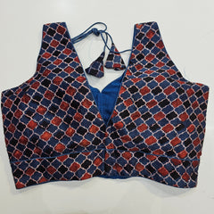 Ajarakh Print on Blue Modal Silk Blouse with Attached Sleeves and V Shape Neckline