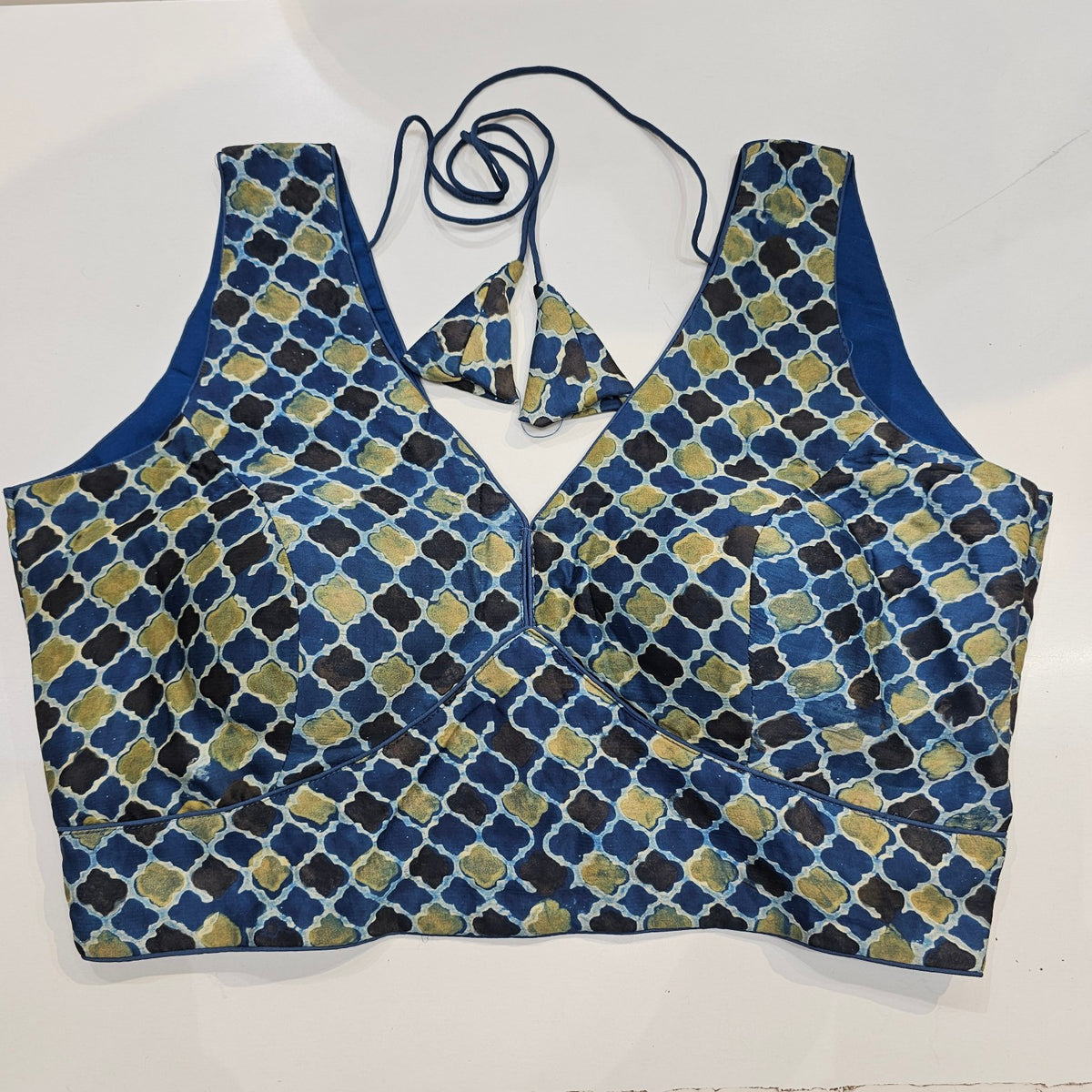 Ajarakh Print on Indigo Blue Modal Silk Blouse with Attached Sleeves and V Shape Neckline