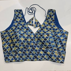 Ajarakh Print on Indigo Blue Modal Silk Blouse with Attached Sleeves and V Shape Neckline