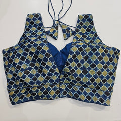 Ajarakh Print on Indigo Blue Modal Silk Blouse with Attached Sleeves and V Shape Neckline