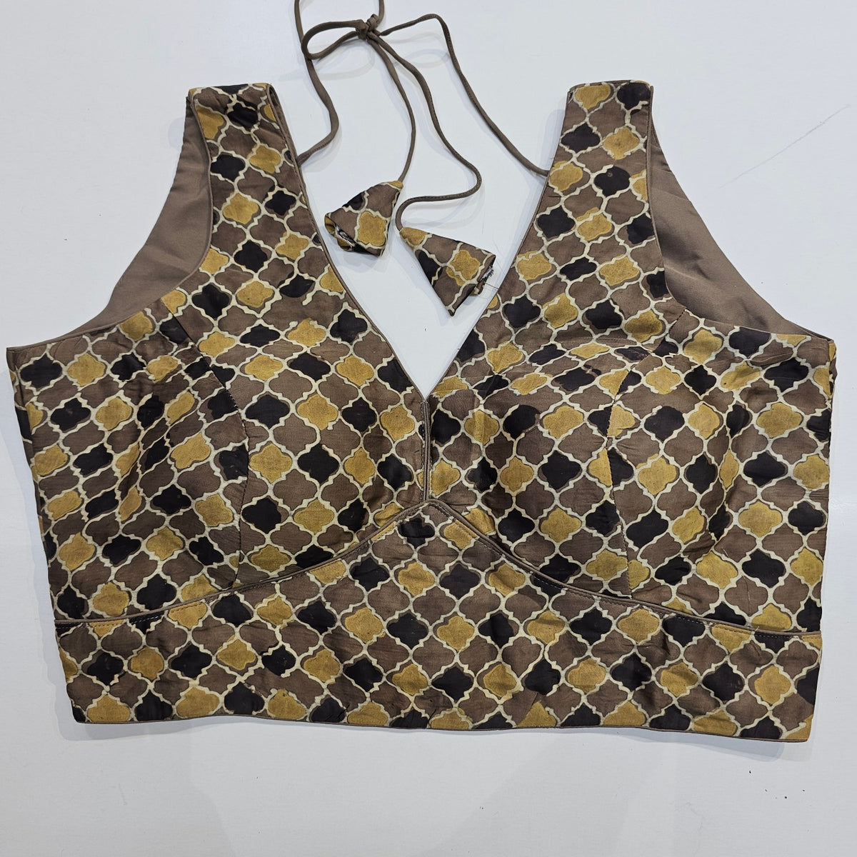 Ajarakh Print on Light Brown Modal Silk Blouse with Attached Sleeves and V Shape Neckline