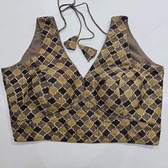 Ajarakh Print on Light Brown Modal Silk Blouse with Attached Sleeves and V Shape Neckline
