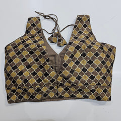 Ajarakh Print on Light Brown Modal Silk Blouse with Attached Sleeves and V Shape Neckline