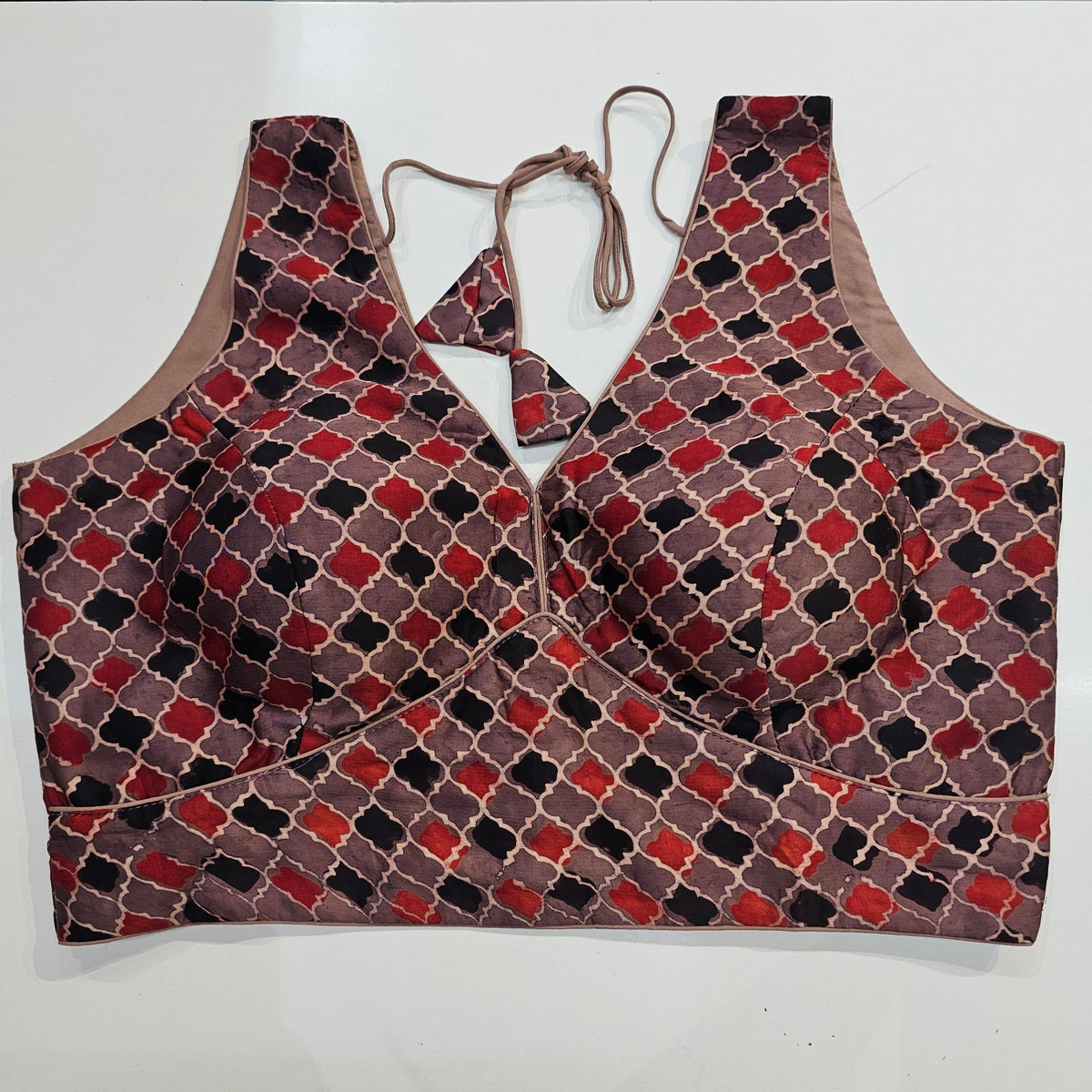 Ajarakh Print on Old Rose Color Modal Silk Blouse with Attached Sleeves and V Shape Neckline