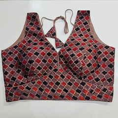 Ajarakh Print on Old Rose Color Modal Silk Blouse with Attached Sleeves and V Shape Neckline