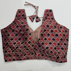 Ajarakh Print on Old Rose Color Modal Silk Blouse with Attached Sleeves and V Shape Neckline