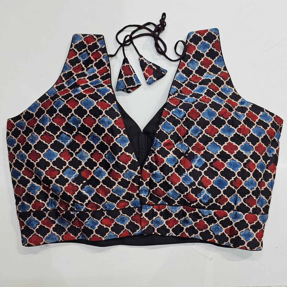 Ajarakh Print on Black Color Modal Silk Blouse with Attached Sleeves and V Shape Neckline