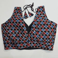 Ajarakh Print on Black Color Modal Silk Blouse with Attached Sleeves and V Shape Neckline