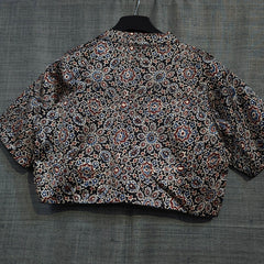 Ajarakh Print on Black Modal Silk Blouse with Sleeves and Collared Neckline