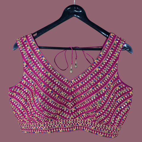 Shangar Magenta Pink Raw Silk Blouse with Multi-color Embroidery and Sequins Work with V Neckline