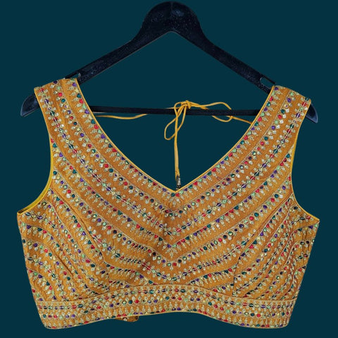 Shangar Mustard Yellow Raw Silk Blouse with Multi-color Embroidery and Sequins Work with V Neckline