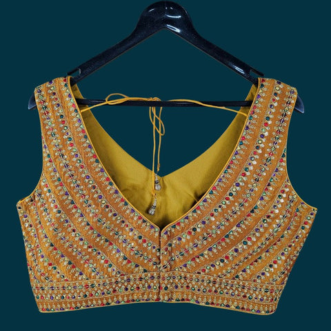Shangar Mustard Yellow Raw Silk Blouse with Multi-color Embroidery and Sequins Work with V Neckline