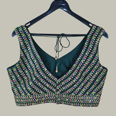 Shangar Bottle Green Raw Silk Blouse with Multi-color Embroidery and Sequins Work with V Neckline