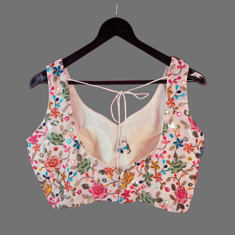 Jodha Peach Georgette Base Sleeveless Blouse with Multi-Color Resham Floral Threadwork and Sweetheart Neckline