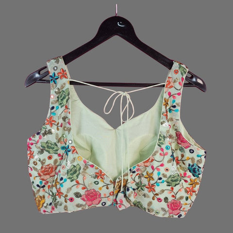 Jodha Mint Green Georgette Base Blouse with Multi-Color Resham Floral Threadwork and Sweetheart Neckline