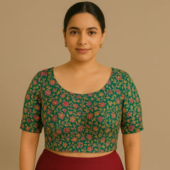 Phoolzar Teal Blue Green Banaras Brocade Blouse with Round Neckline