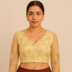 Nazakat Light Gold / Cream Net V Neck Blouse with Sequin Work