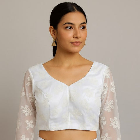 Nazakat Net White Color Blouse with sequin work with V Neckline