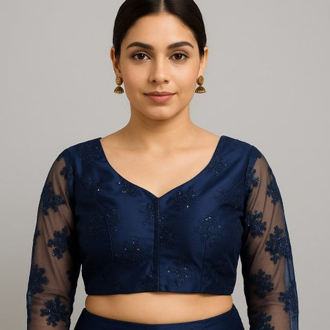 Nazakat Net Navy Blue Color Blouse with sequin work with V Neckline