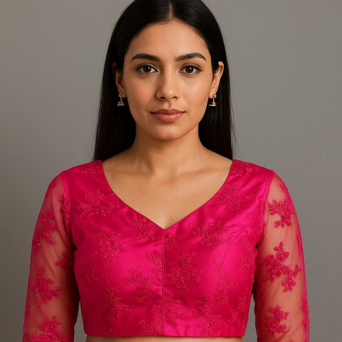 Nazakat Net Hot Pink Color Blouse with sequin work with V Neckline