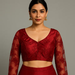 Nazakat Net Maroon Color Blouse with sequin work with V Neckline