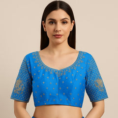 Peacock Embroidered Sky Blue Raw Silk Base Blouse with Round Neckline