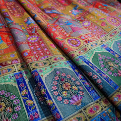 Pure Banarasi Dola Silk Soft Brocade with Position Print of Elephant on Mustard Yellow Base with Blue Border