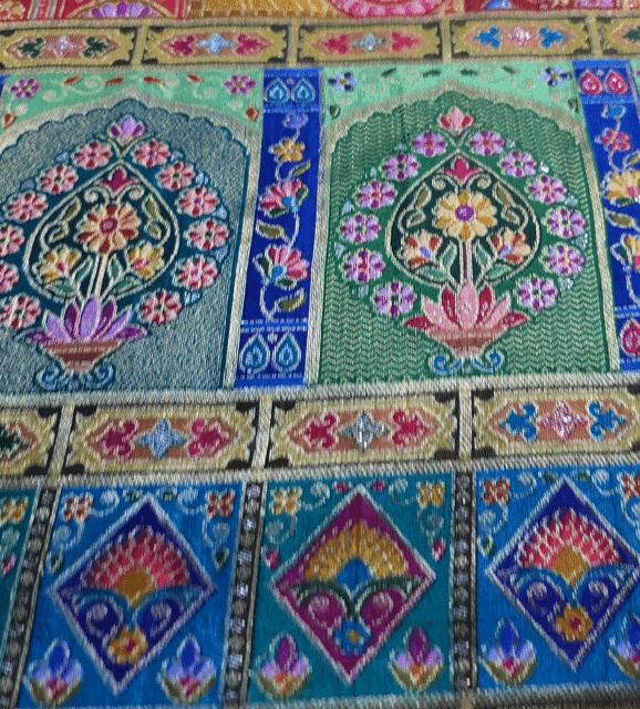 Pure Banarasi Dola Silk Soft Brocade with Position Print of Elephant on Mustard Yellow Base with Blue Border