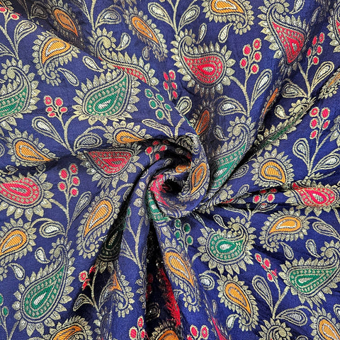 Tanchui Banaras Brocade on Navy Blue Silk Fabric