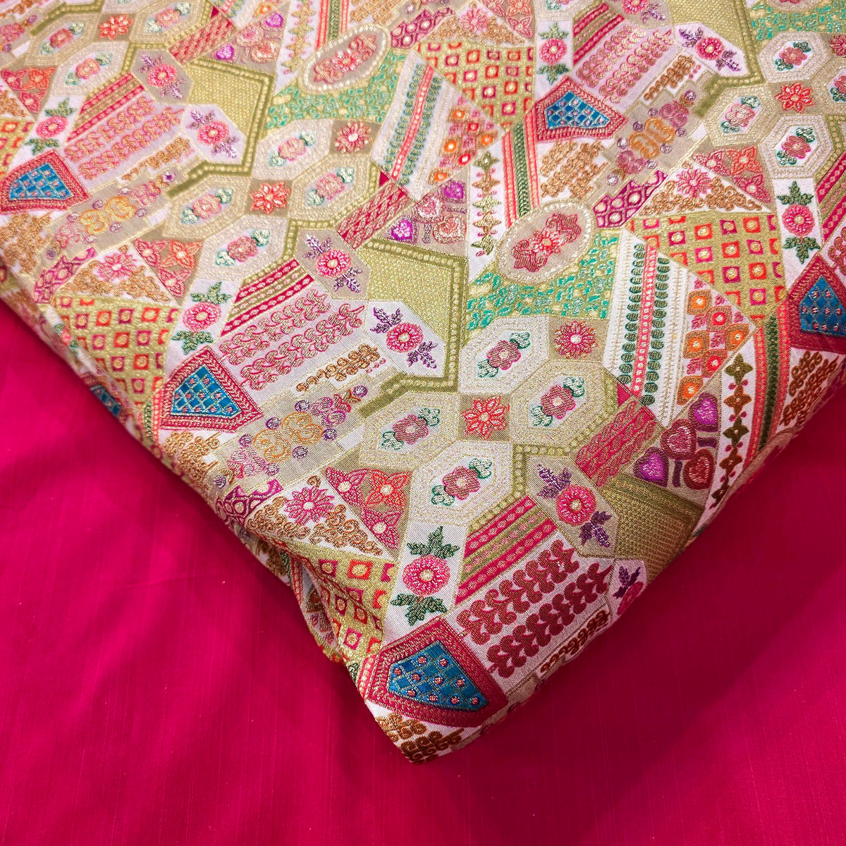 Pure Banarasi Dola Silk Soft Brocade with Multicolor Position Print on White Base