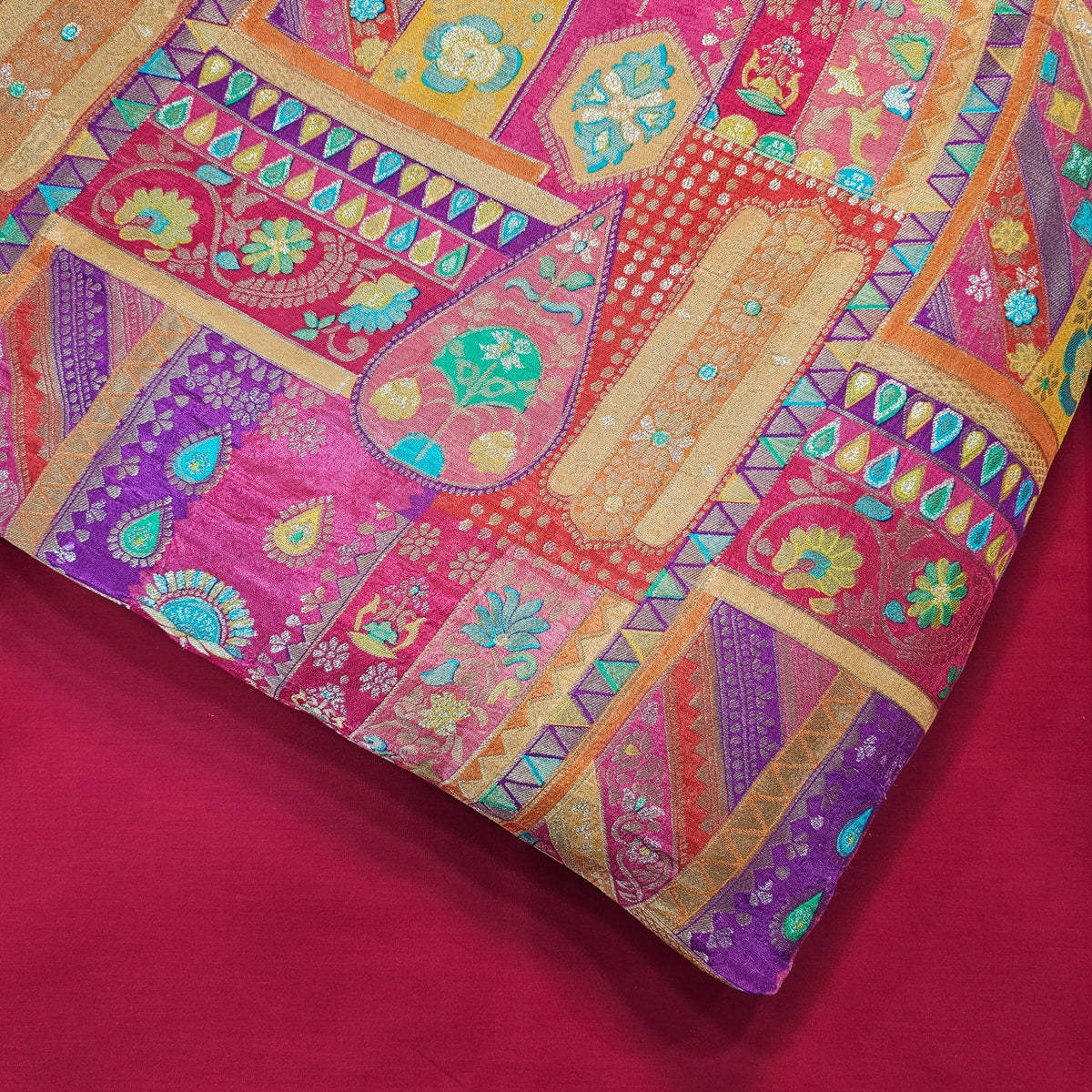 Aarasi Pure Banarasi Dola Silk Soft Brocade with Position Print on Crimson Red Base