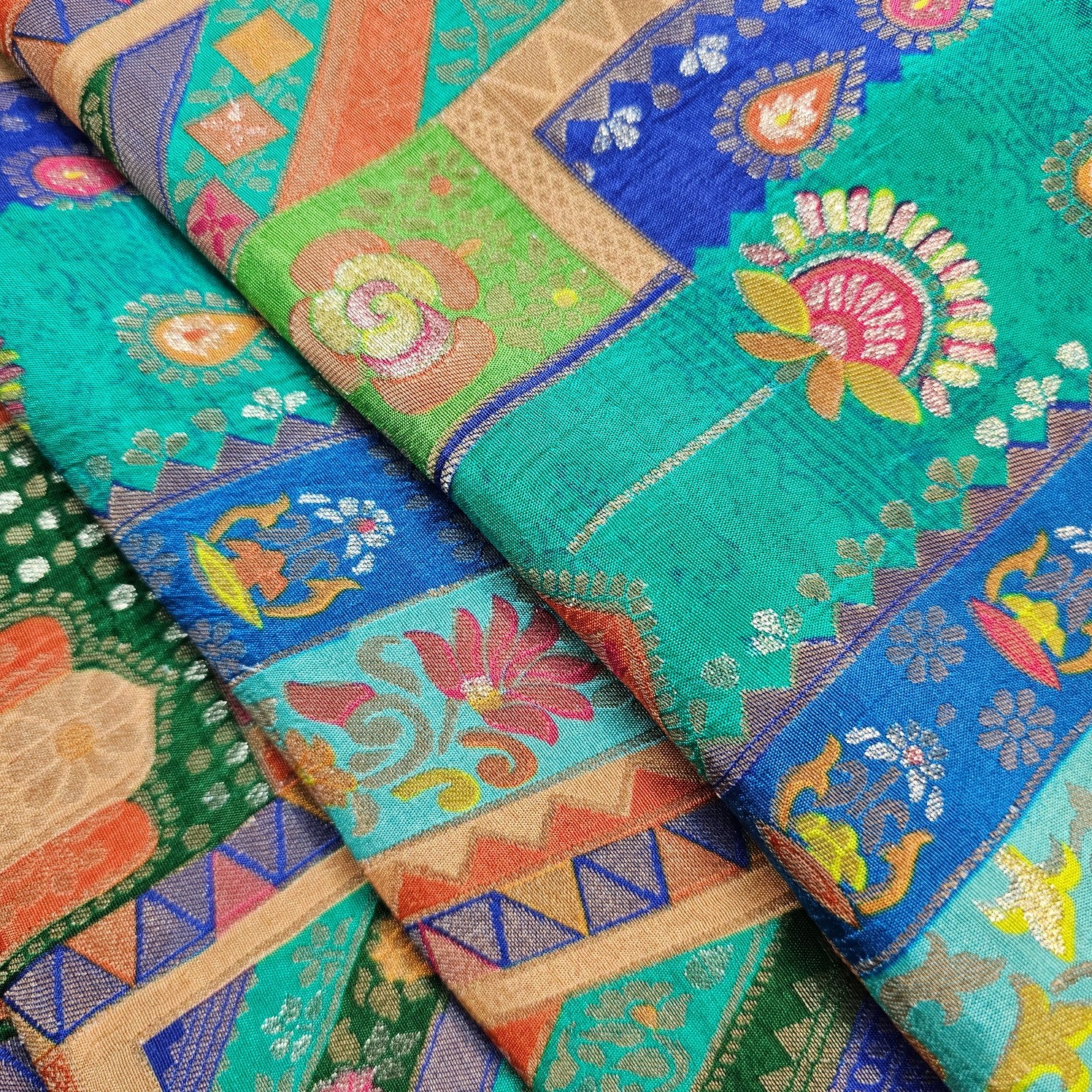 Aarasi Pure Banarasi Dola Silk Soft Brocade with Position Print on Blue Base