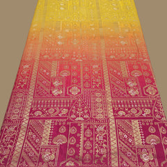 Pure Banarasi Dola Silk Soft Brocade with Position Print on Yellow to Rani Pink Ombre
