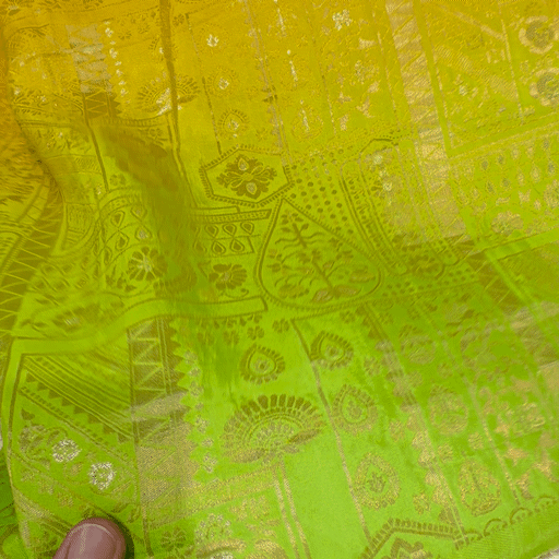 Pure Banarasi Dola Silk Soft Brocade with Position Print on Mustard Yellow to Parrot Green Ombre