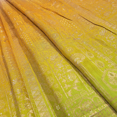 Pure Banarasi Dola Silk Soft Brocade with Position Print on Mustard Yellow to Parrot Green Ombre