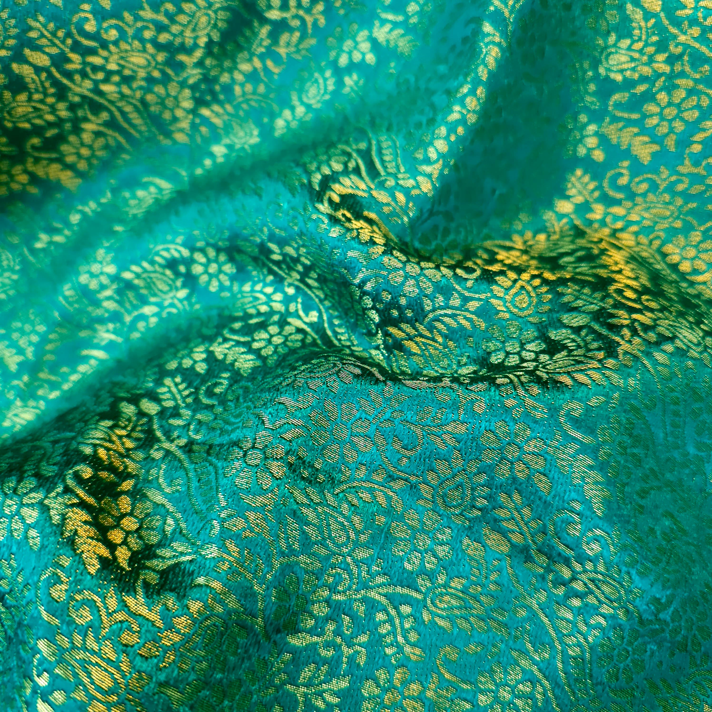 Zarnooshan Marine Teal Banaras Brocade Fabric on Silk Base