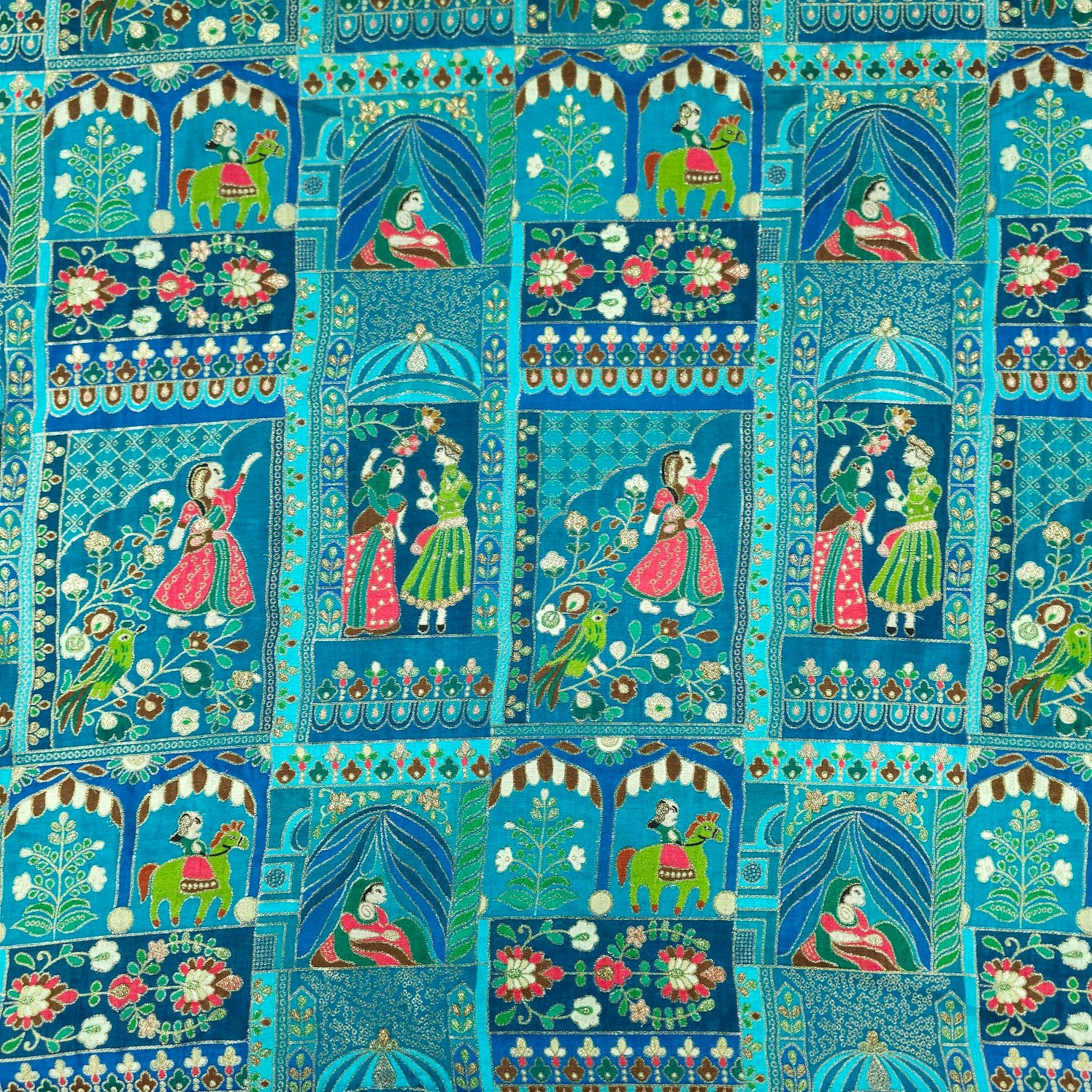 Jodha Akbar Shades of Teal Blue Dola Silk Base Brocade Fabric