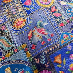 Pure Banarasi Dola Silk Soft Brocade with Position Print of Elephant on Blue Base with Pink Mutli-Color Border