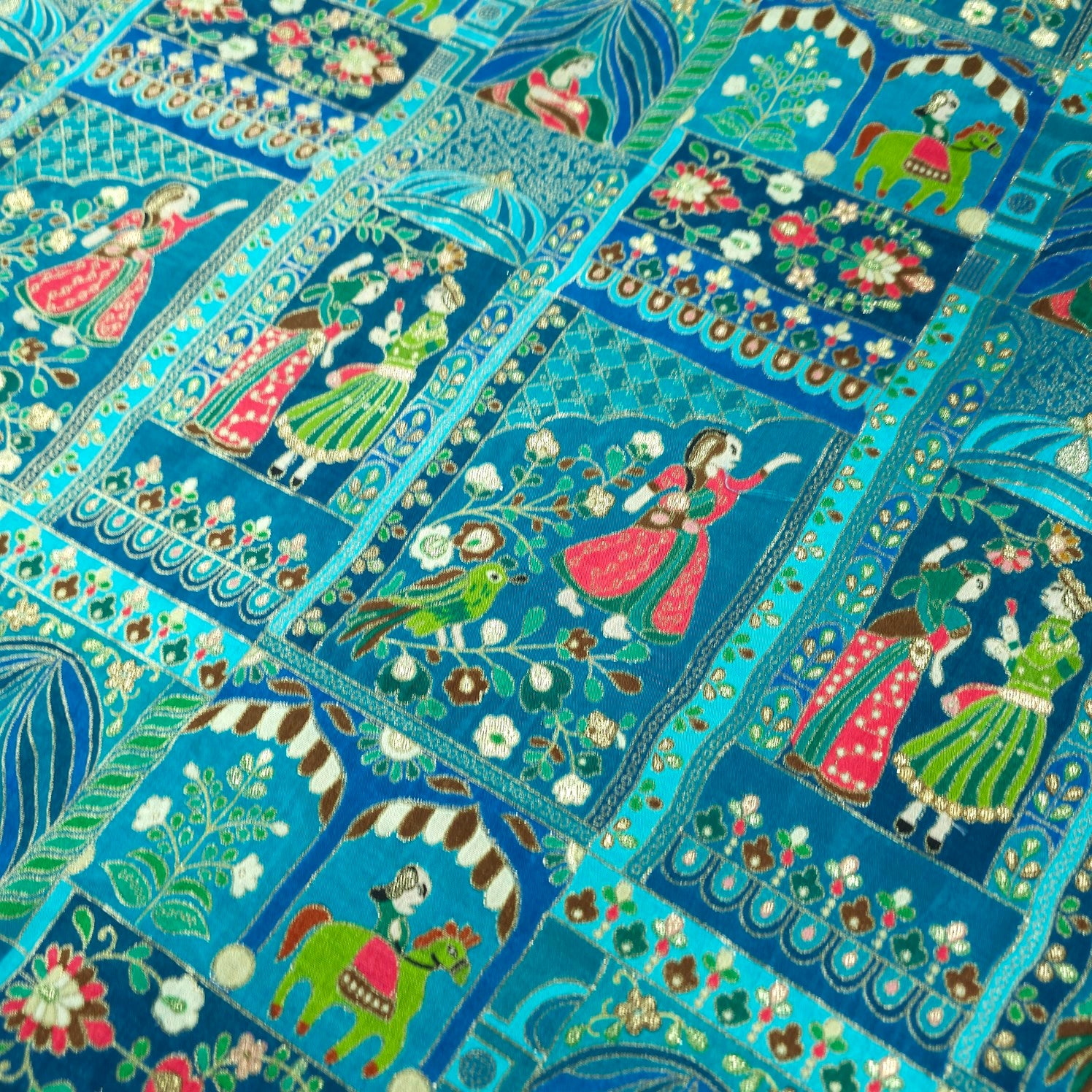 Jodha Akbar Shades of Teal Blue Dola Silk Base Brocade Fabric