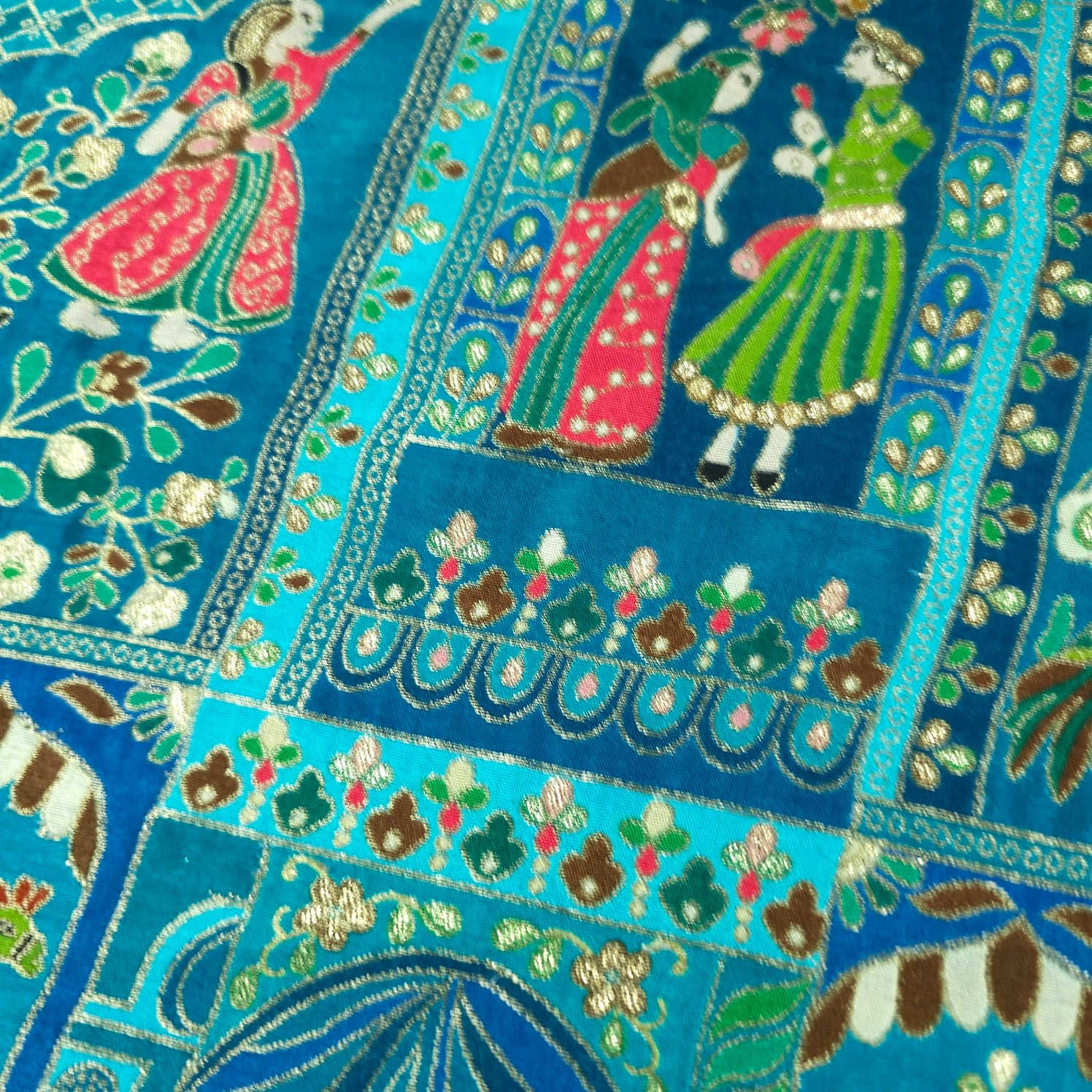 Jodha Akbar Shades of Teal Blue Dola Silk Base Brocade Fabric