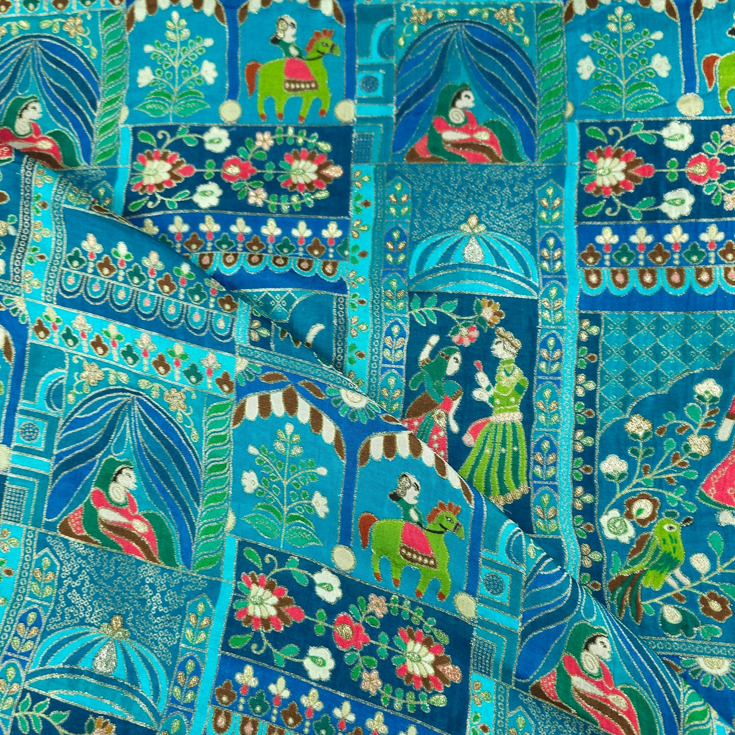 Jodha Akbar Shades of Teal Blue Dola Silk Base Brocade Fabric