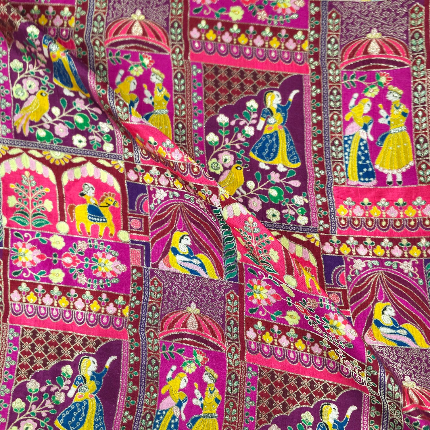 Jodha Akbar Shades of Magenta Pink and Purple Dola Silk Base Brocade Fabric