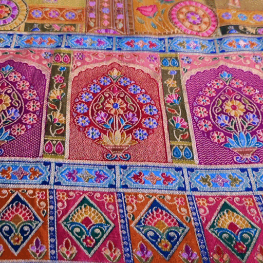 Pure Banarasi Dola Silk Soft Brocade with Position Print on Mustard Yellow Base with Multi-Color Border